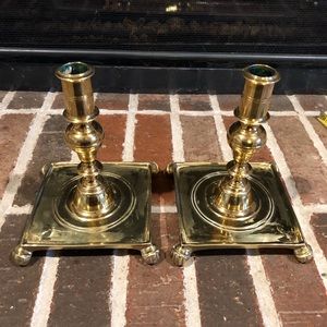 stunning pair Vintage gold brass footed candlestick holders heavy 7” tall each